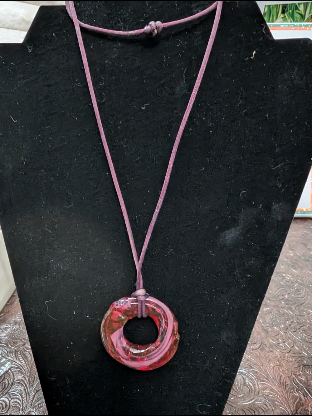 Handmade Pink Glass Donut Pendant Necklace